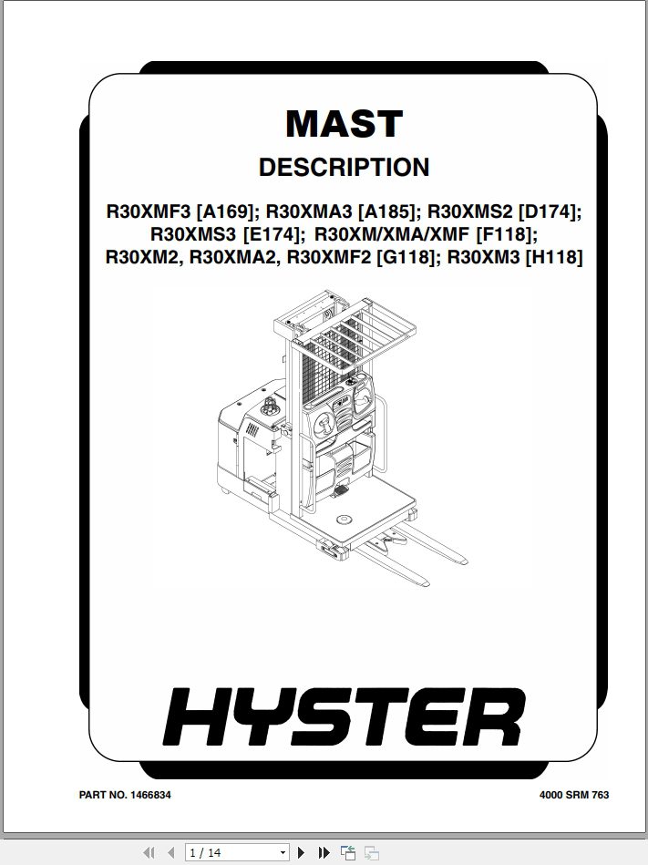 Hyster Forklift Class 2 Electric Motor Narrow Aisle Trucks E174 R30XMS3 Service Manuals 2