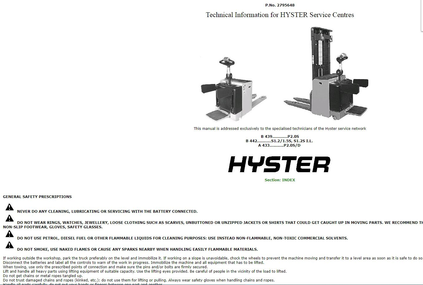 Hyster Forklift Class 3 Electric Motor Hand Trucks B442 S1215S IL Service Manuals 2
