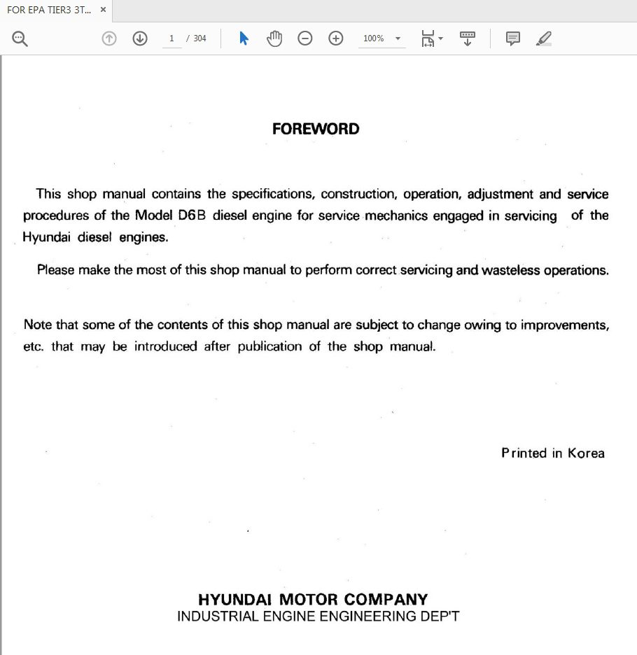 Hyundai TIER3 3TNV84T Z4TNV98 ER55 7AR55W 7A HD6B Service Manual 1