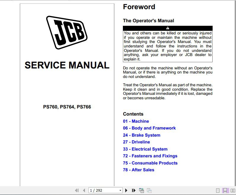 JCB Drivetrain PS760 PS764 PS766 Service Manual 1