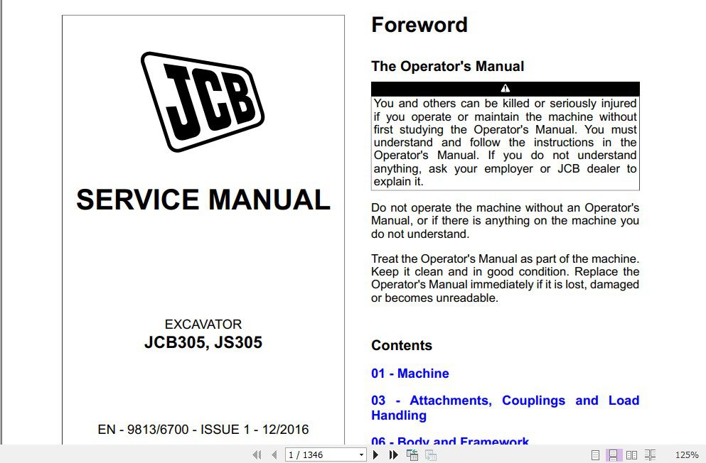 JCB Excavator JC8305 JS305 Sevices Manual 1