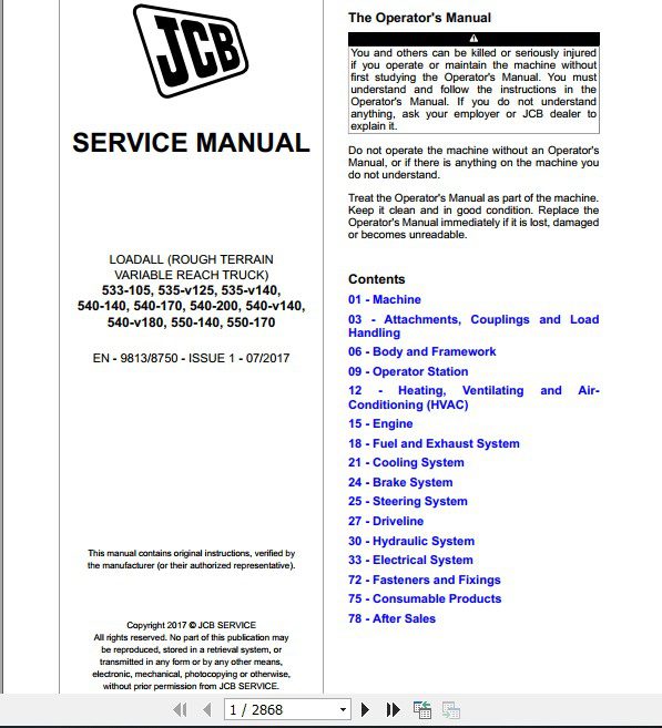JCB Liftall Loadall 533 105550 170 Tier3 Service Manual 1