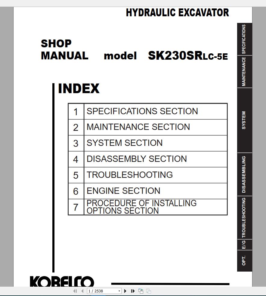 Kobelco Hydraulic Excavator SK230SRLC 5E 2019 Shop Manual 1