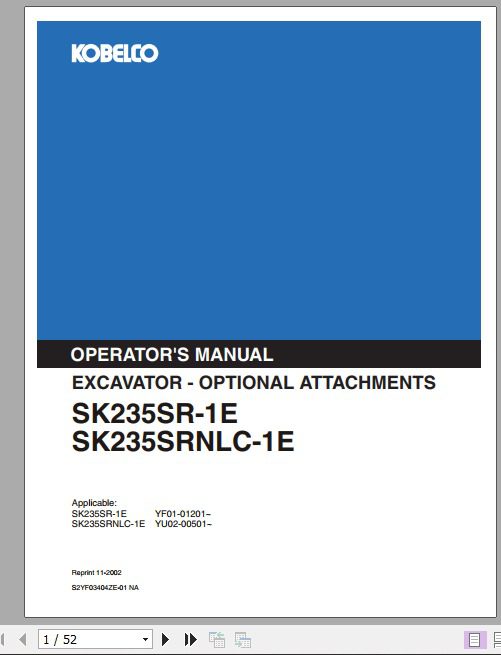 Kobelco Excavator SK235SR 1E SK235SRNLC 1E Operators Manual 1