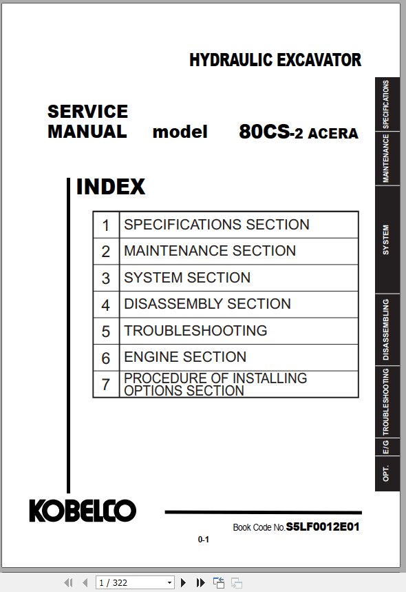 Kobelco Hydraulic Excavator 80CS 2 Acera Service Manual 1