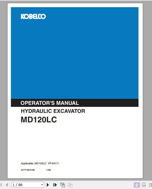 Kobelco Hydraulic Excavator MD120LC Operators Manual 1
