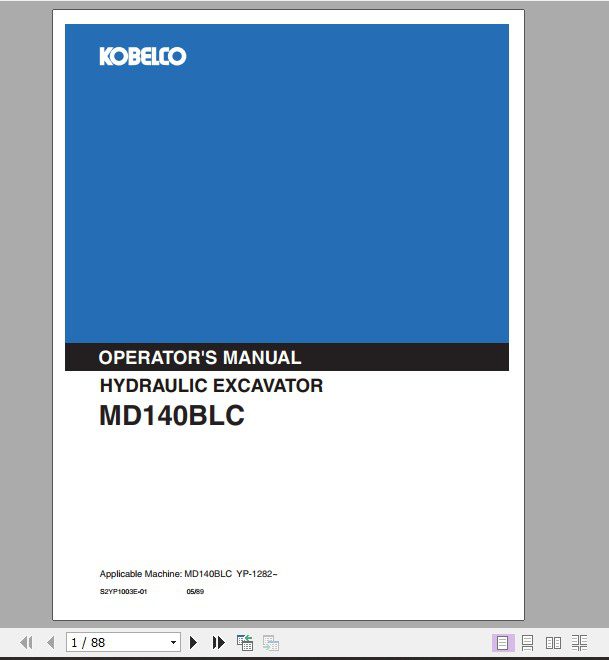 Kobelco Hydraulic Excavator MD140BLC Operators Manual 1