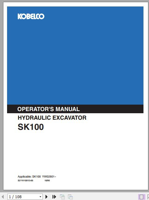 Kobelco Hydraulic Excavator SK100 Operators Manual 1