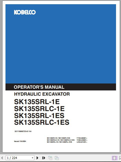 Kobelco Hydraulic Excavator SK135SRL 1ESRLC 1ESRL 1ESSRLC 1ES Operators Manual 1