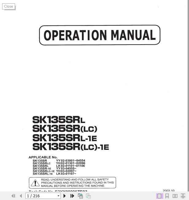Kobelco Hydraulic Excavator SK135SRLLCL 1ELC 1E Operators Manual 1