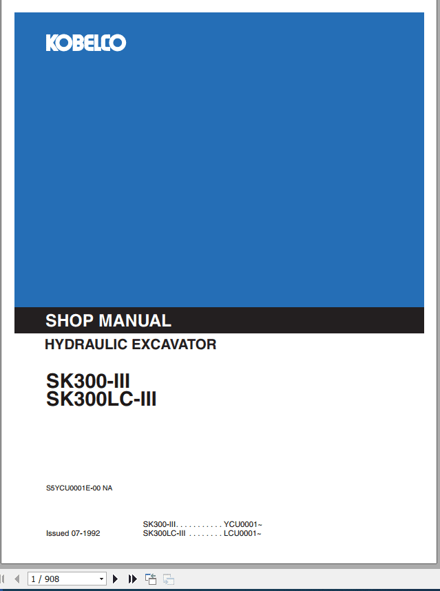 Kobelco Hydraulic Excavator SK300 III SK300LC III Sevice Manual 1