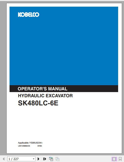 Kobelco Hydraulic Excavator SK480LC 6E Operators Manual 1