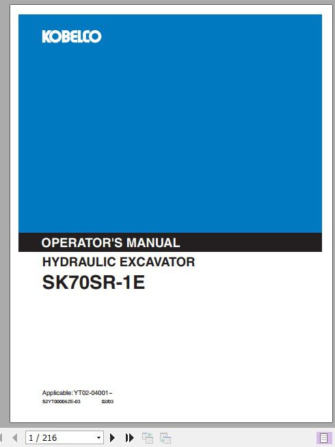 Kobelco Hydraulic Excavator SK70SR 1E Operators Manual 1
