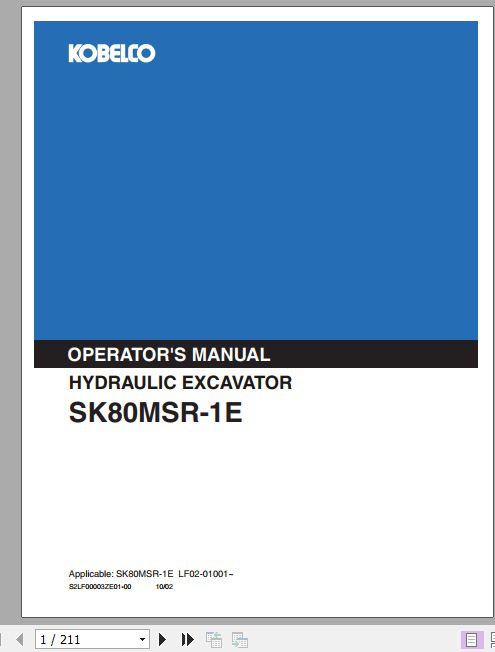 Kobelco Hydraulic Excavator SK80MSR 1E Operators Manual 1