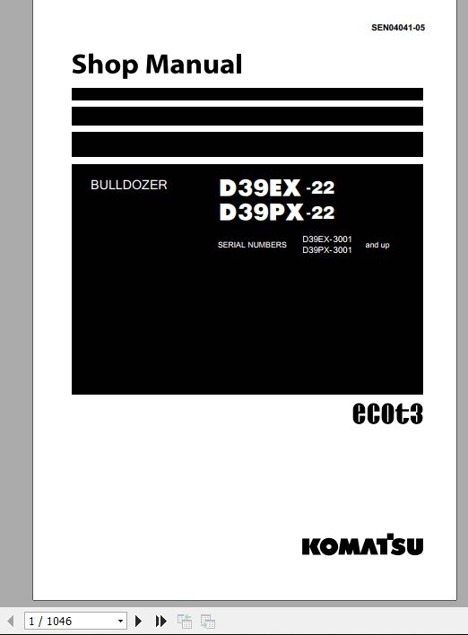 Komatsu Bulldozer D39EX 22 D39PX 22 D39EX 3001 D39PX 3001andup Shop Manual SEN04041 05 1