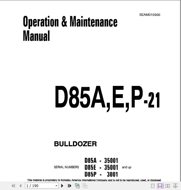 Komatsu Bulldozer D85AEP 21 Operator Maintenance ManualEN SEAM010500 1