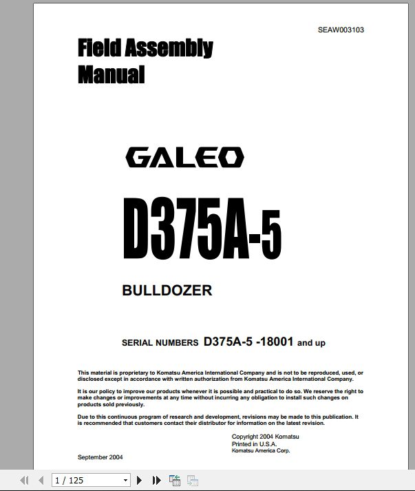 Komatsu Bulldozer GALEO D375A 5 D375A 5 18001andup Field Assembly Manual SEAWD03103 1