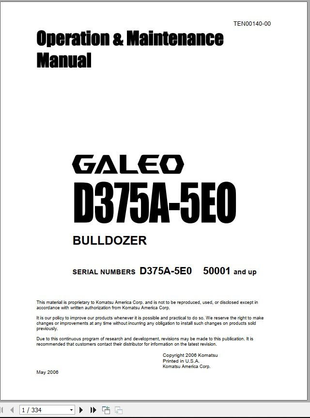 Komatsu Bulldozer Galeo D375A 5EO50001 and up Operation Maintenance ManualEN TEN00140 00 1