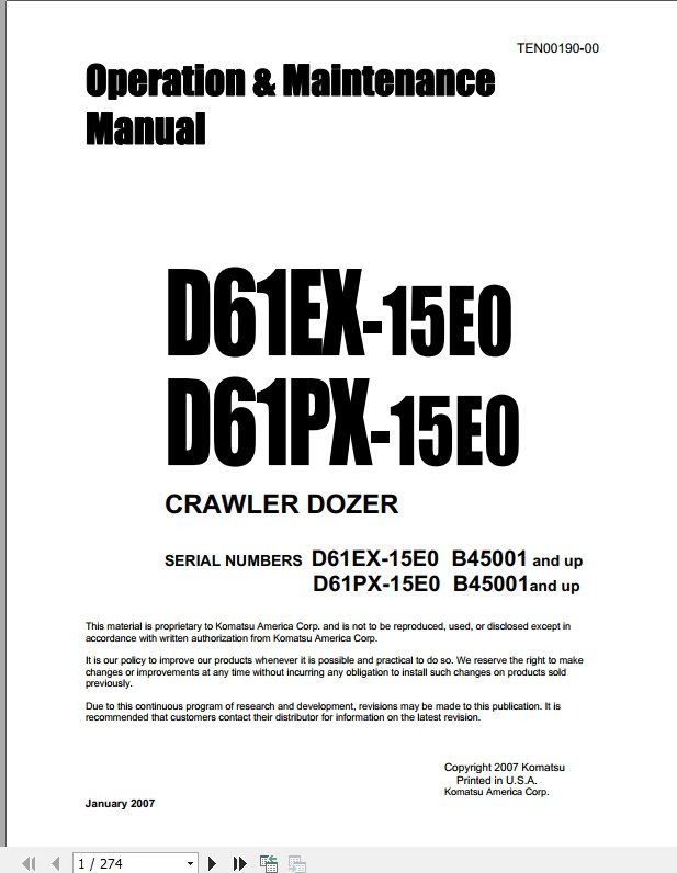 Komatsu Crawler Dozer D61EX 15EO D61PX 15EOB45001 and up Operation Maintenance ManualEN TEN00190 00 1