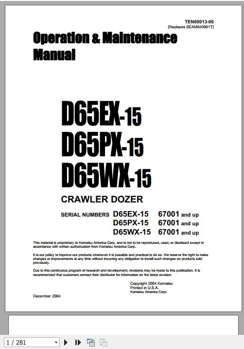 Komatsu Crawler Dozer D65EX 15 D65WX 1567001 and up Operation Maintenance ManualEN TEN00013 00 1
