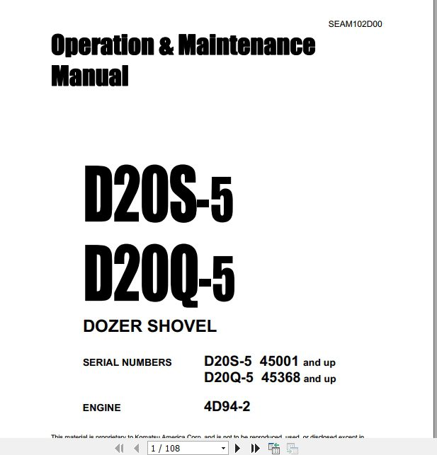 Komatsu Dozer Shovel D20S20Q Operator Maintenance ManualEN SEAM102D00