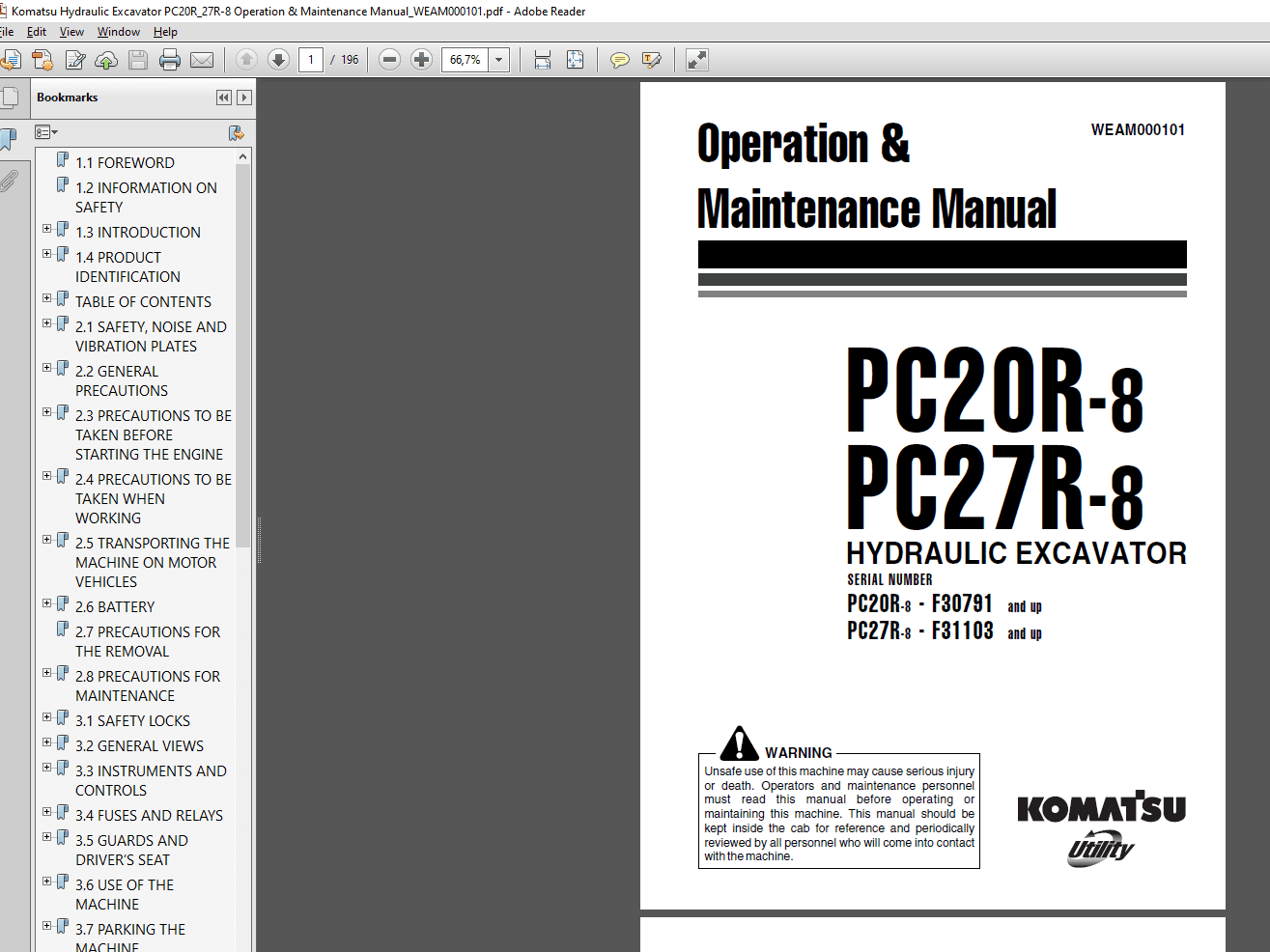 Komatsu Hydraulic Excavator PC20R27R 8 Operation Maintenance ManualWEAM000101 1