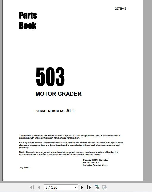 Komatsu MOTOR GRADER 2076H45 part book 1