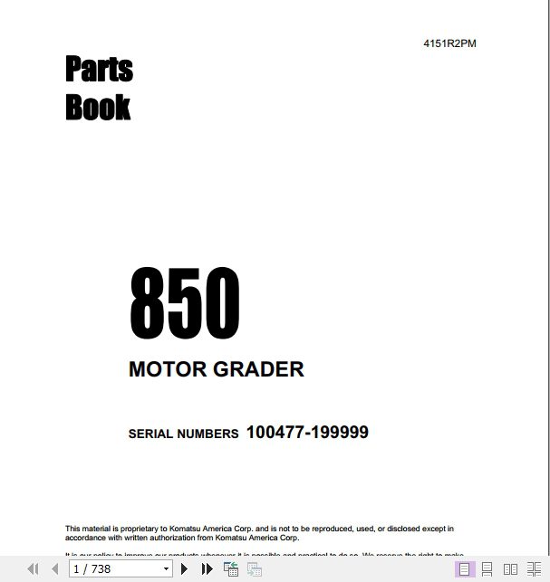 Komatsu MOTOR GRADER 850 4151R2PM Parts Book 1