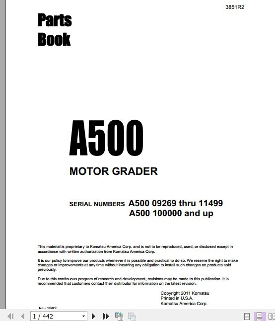 Komatsu MOTOR GRADER A500 3851R2 Part Book 1