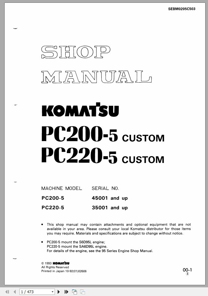 Komatsu PC220 5 Custom SEBM0205C503 Shop ManualEN 1