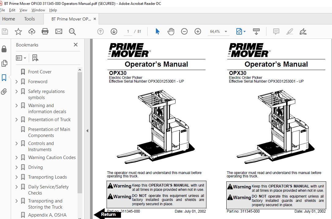 BTOM Prime Mover OPX30 311345 000 Operators Manual 1