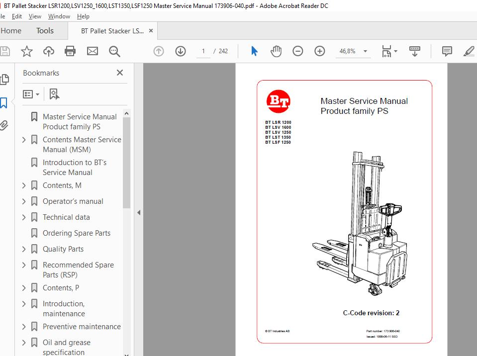 BT Pallet Stacker LSR1200LSV12501600LST1350LSF1250 Master Service Manual 173906 040 1