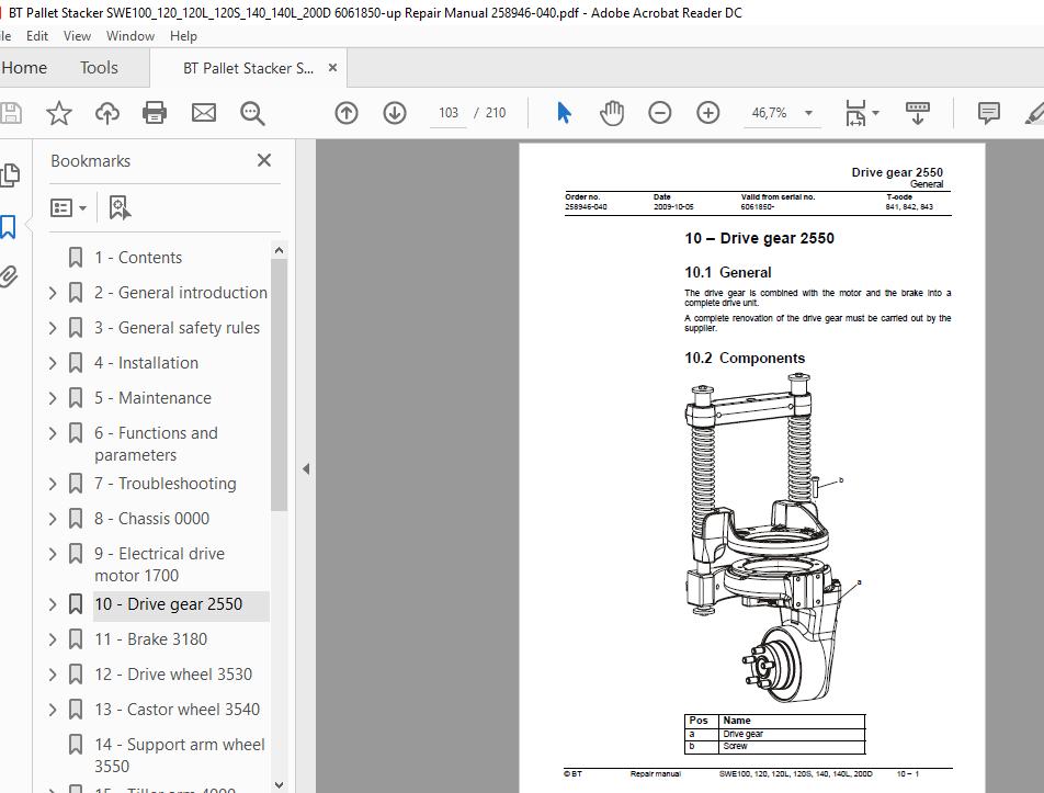 BT Pallet Stacker SWE100120120L120S140140L200D 6061850 up Repair Manual 258946 040 3