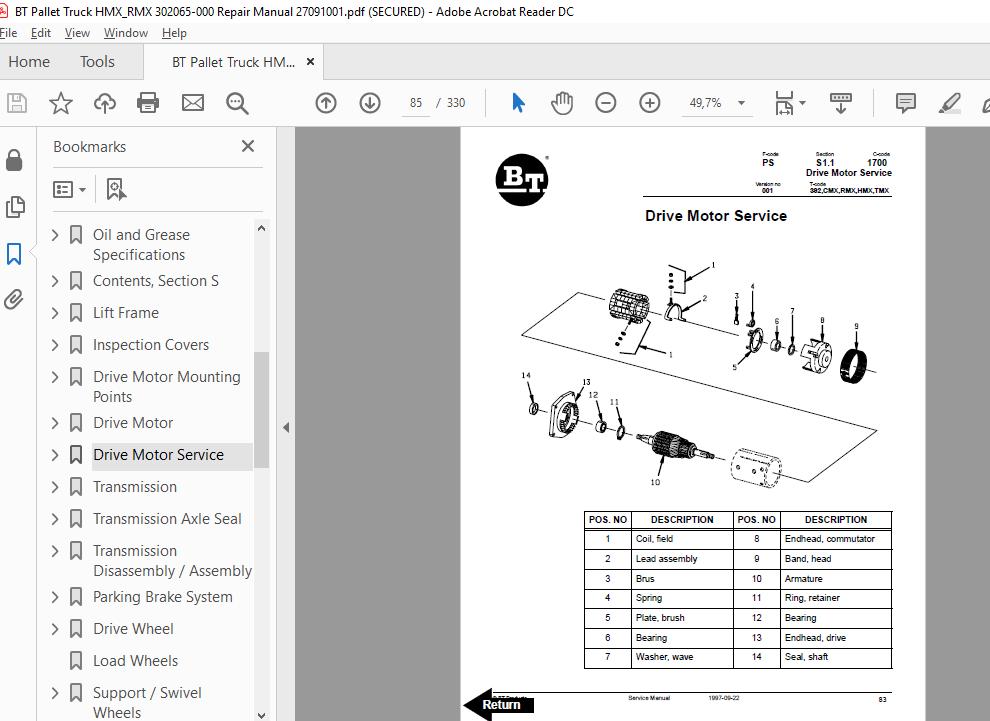 BT Pallet Truck HMXRMX 302065 000 Repair Manual 27091001 2