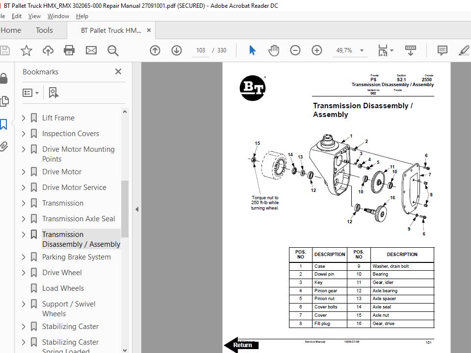 BT Pallet Truck HMXRMX 302065 000 Repair Manual 27091001 3