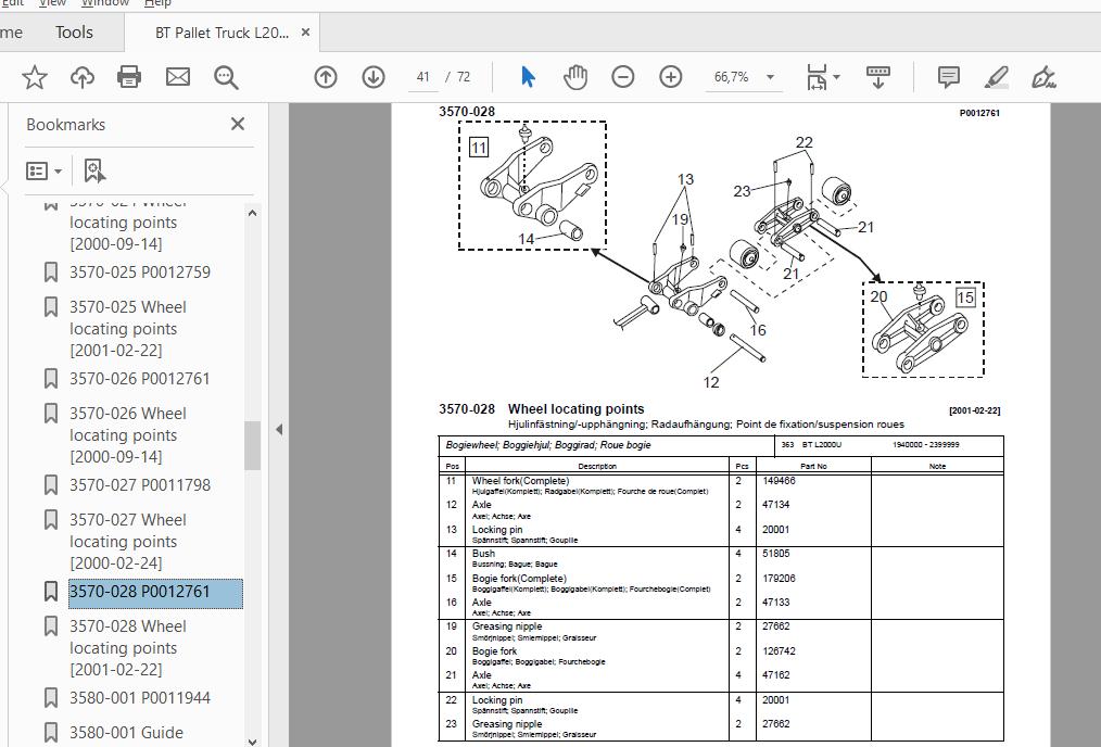 BT Pallet Truck L2000L2000QL2000XL2000UL2000KL2000OL2000IL2000UQX 2065000AA Quality Parts 159240 3