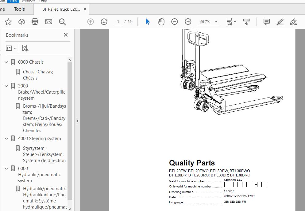 BT Pallet Truck L20EWL20EWOL30EWL30EWOL20BRL20BROL30BRL30BRO 2400000AA Quality Parts177967 1
