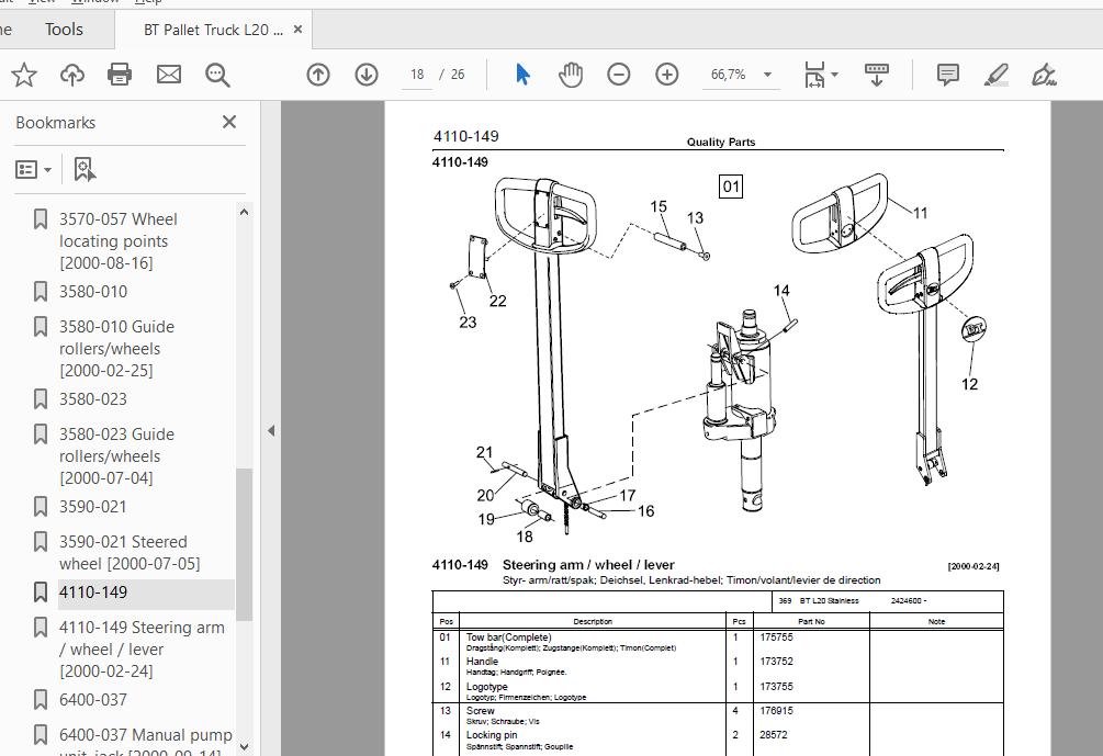 BT Pallet Truck L20 Stainless 2424600AA Quality Parts179425 3