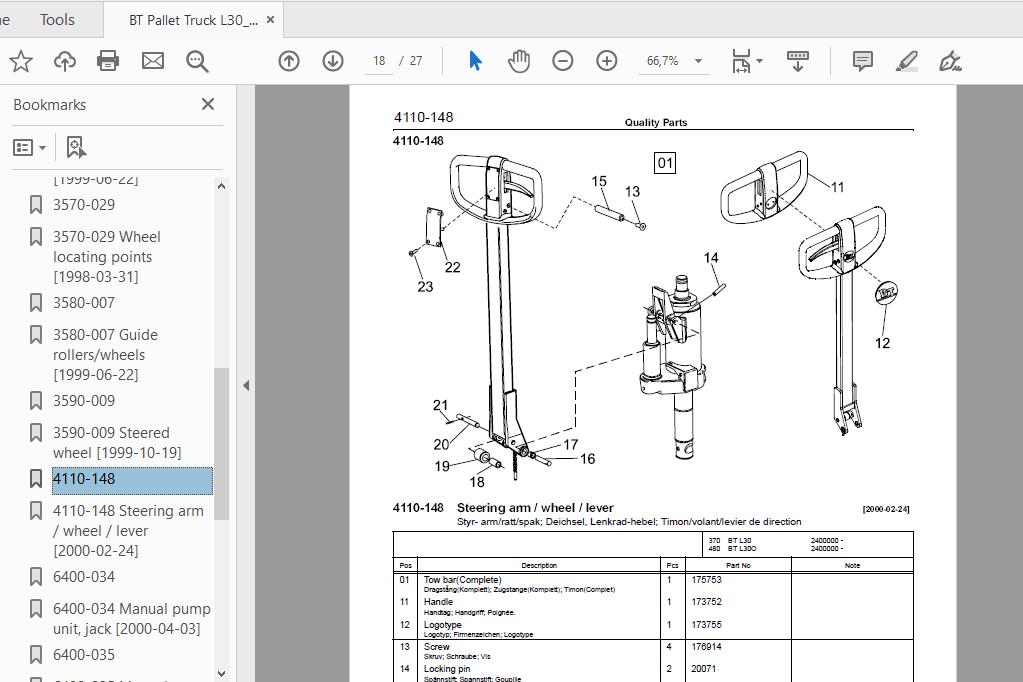 BT Pallet Truck L30L30O 12 2400000AA Quality Parts177970 3