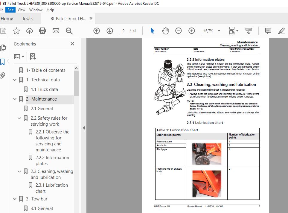 BT Pallet Truck LHM230300 3300000 up Service Manual 232319 040 2