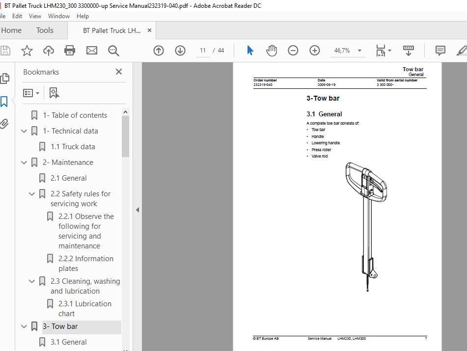 BT Pallet Truck LHM230300 3300000 up Service Manual 232319 040 3