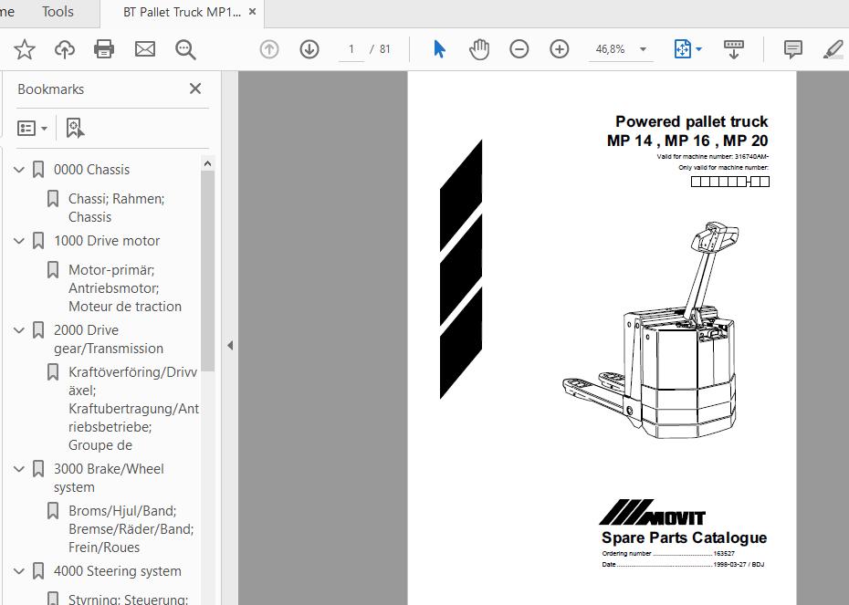 BT Pallet Truck MP141620 316740AM Parts Catalogue 163527 1 1