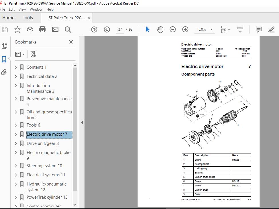 BT Pallet Truck P20 364690AA Service Manual 178826 040 2