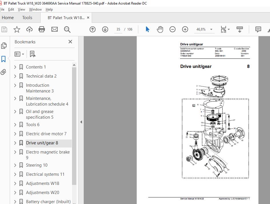 BT Pallet Truck W18W20 364690AA Service Manual 178825 040 2