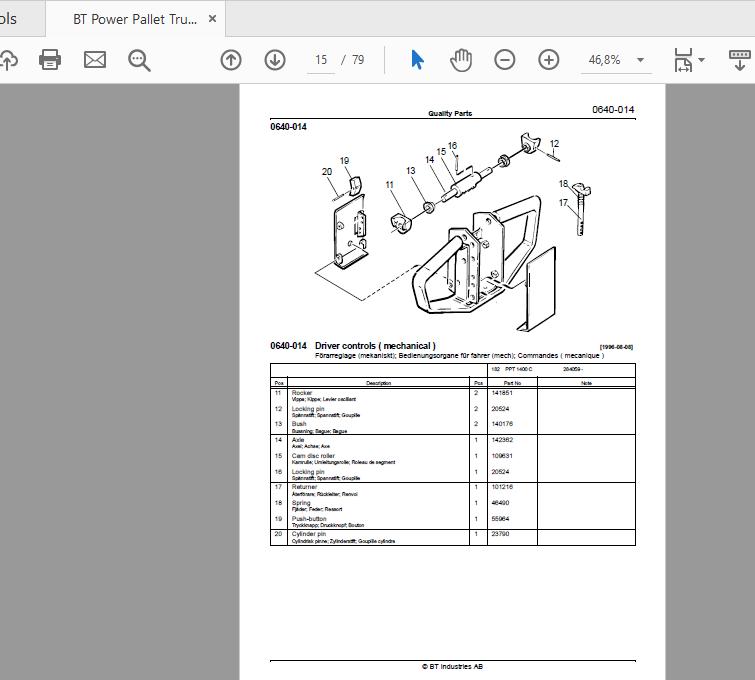 BT Power Pallet Truck PPT 1400C 340960AA Quality Parts 172387 2