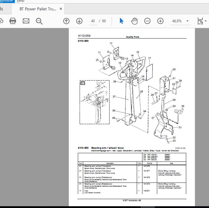 BT Power Pallet Truck PPT 1400MX1600MX2000MX 306955AA Quality Parts 160670 3x5lEO
