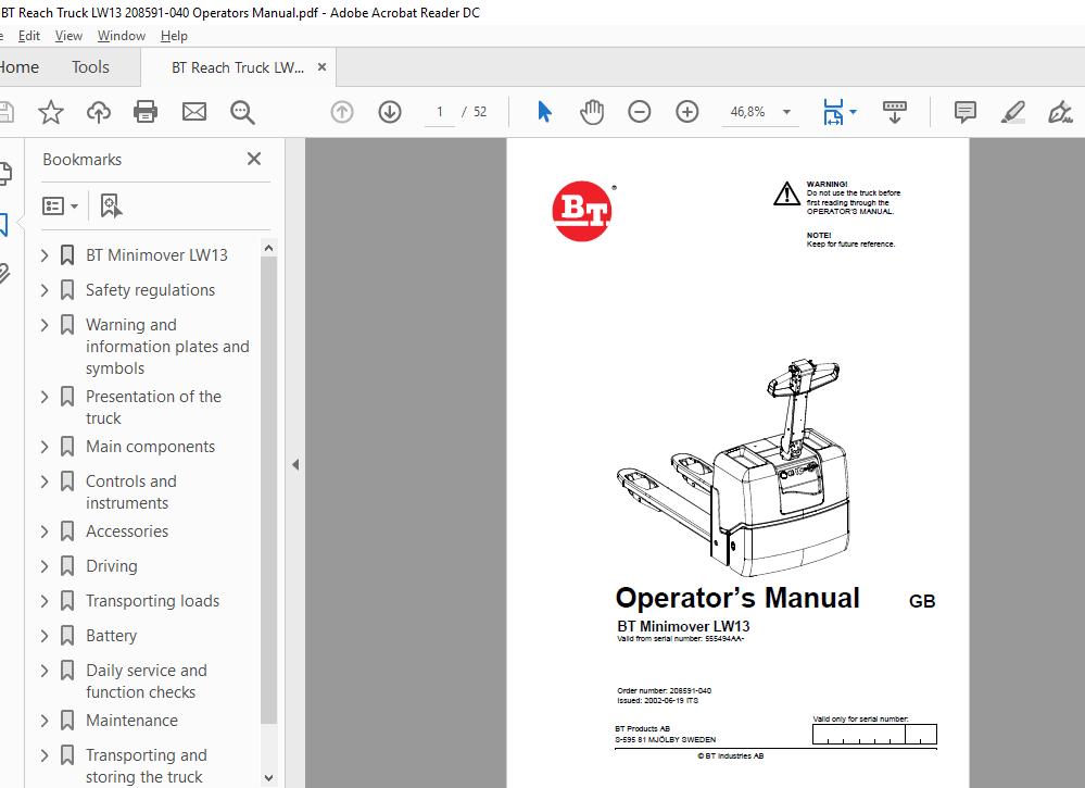 BT Reach Truck LW13 208591 040 Operators Manual 1
