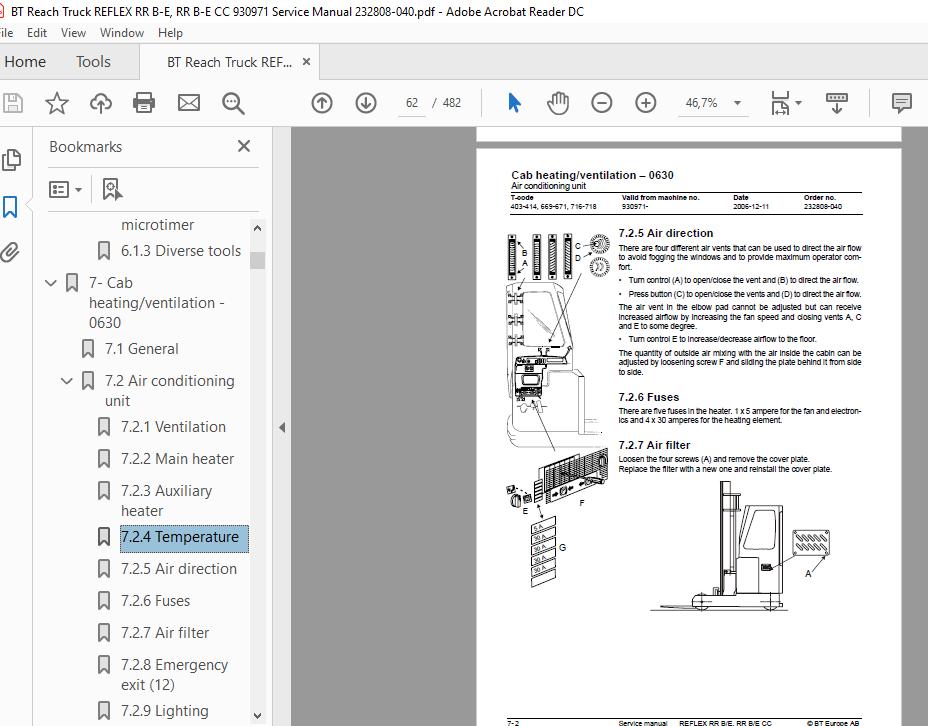 BT Reach Truck REFLEX RR B E RR B E CC 930971 Service Manual 232808 040 3
