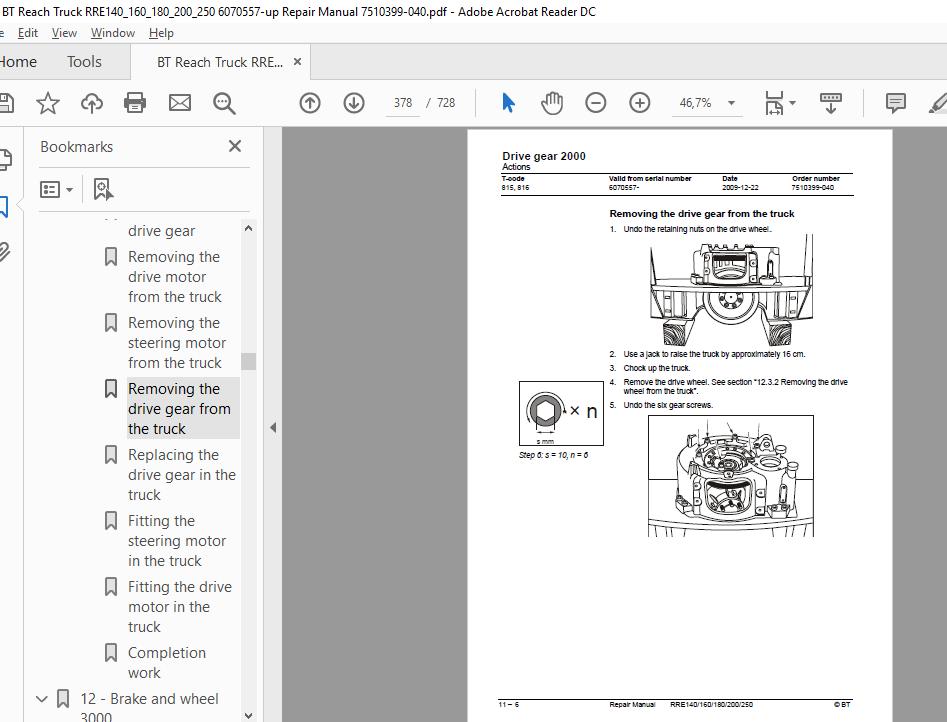 BT Reach Truck RRE140160180200250 6070557 up Repair Manual 7510399 040 3