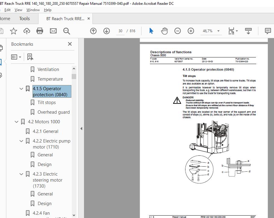 BT Reach Truck RRE 140160180200250 6070557 Repair Manual 7510399 040 2